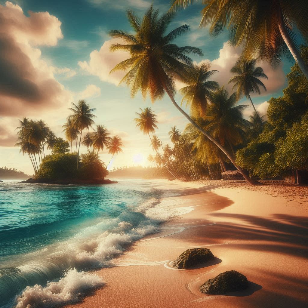 Image of make an image of ocean beach with palm trees and wades and lush tropical background..jpeg
