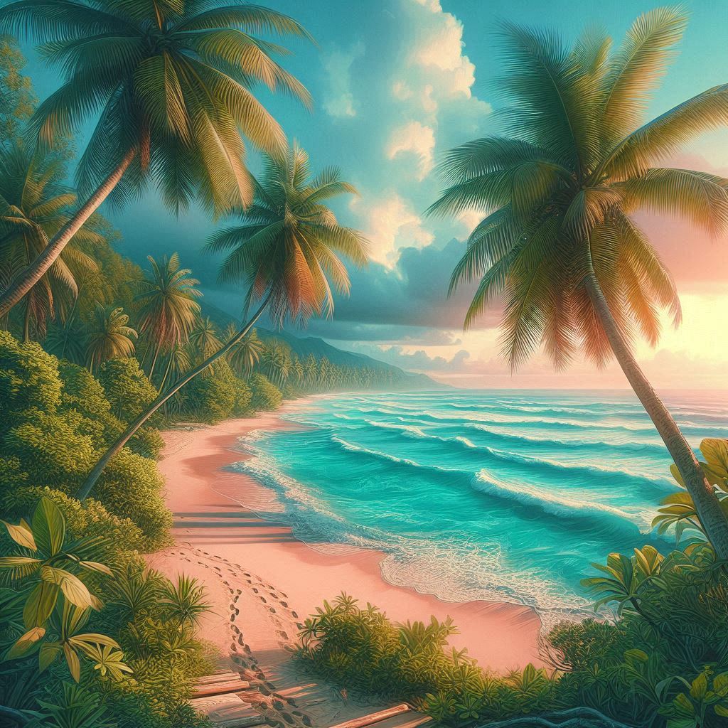 Image of make an image of ocean beach with palm trees and wades and lush tropical background. (3).jpeg